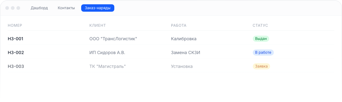 Демонстрационный список заказ-нарядов Ладеро со статусами работ